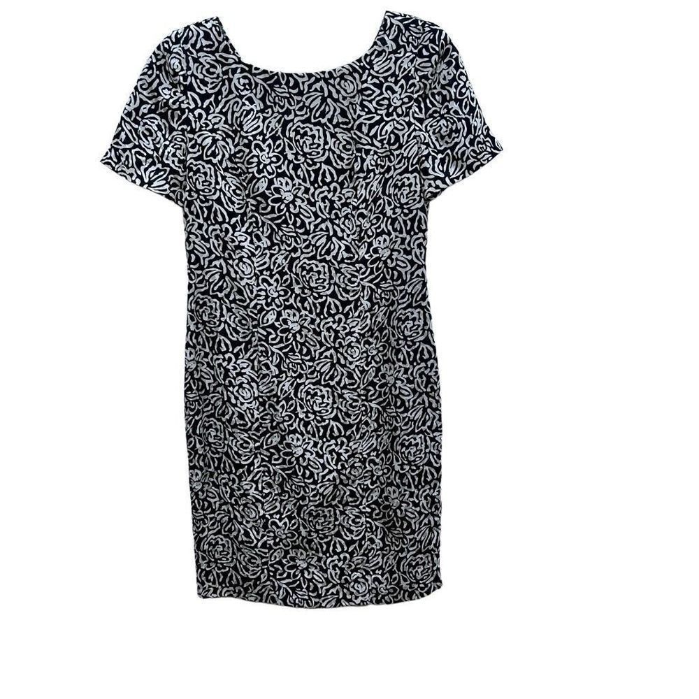 Liz Claiborne Womens Midi Dress Short Sleeve Floral Black White Petite Size 6